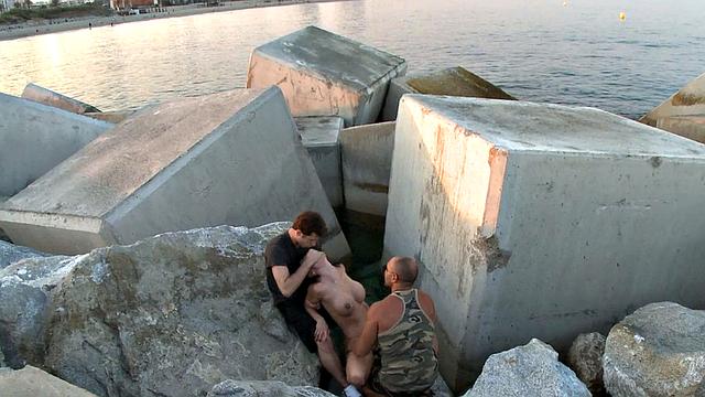 Public slut assfucked in front voyeurs after outdoor deep BJ