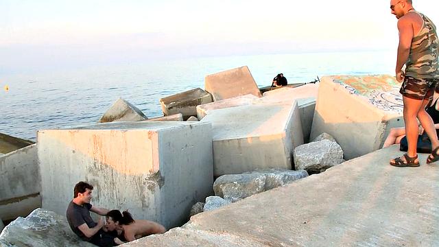 Public slut assfucked in front voyeurs after outdoor deep BJ