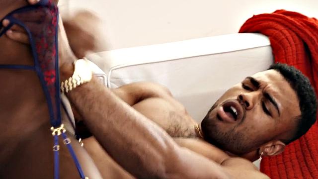 Black lingerie beauty cockriding, tugging, and sucking