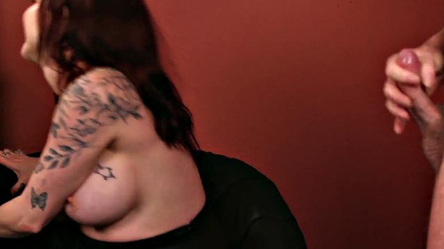 Busty voyeur babe in stockings teasing him while jerking