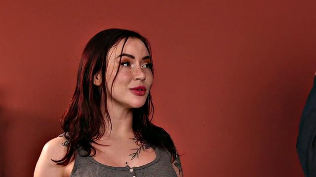 Busty voyeur babe in stockings teasing him while jerking