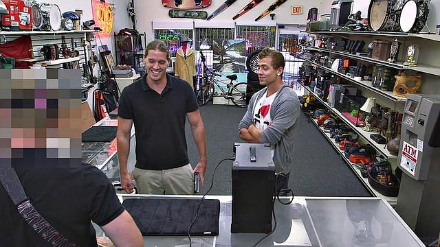 Pawn guy sucks two cocks in threesome in meeting room