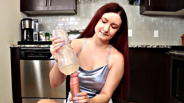 Edging amateur CFNM redhead gives POV with toy in kitchen