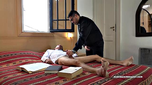 Daryl is a young Latino, who is busy with his Catholic studies. Horny, he decides to take a break and beat off. With big stiff cock in hand, the boy is surprised by his priest, who wastes little time getting his dick out.