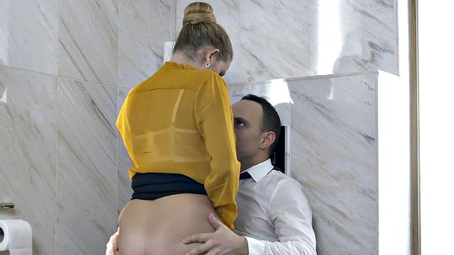 Deepthroating secretary fucked in toilet by colleague