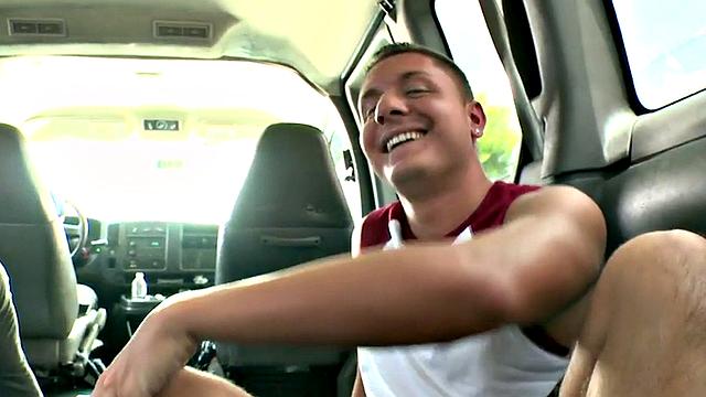 Str8 amateur jock cums in public van for money