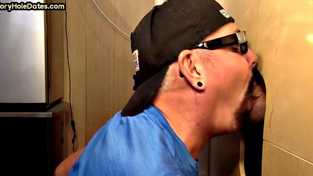 Gay cum addict sucks gloryhole cock at his home