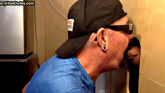 Gay cum addict sucks gloryhole cock at his home