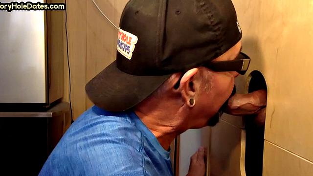 Gay cum addict sucks gloryhole cock at his home