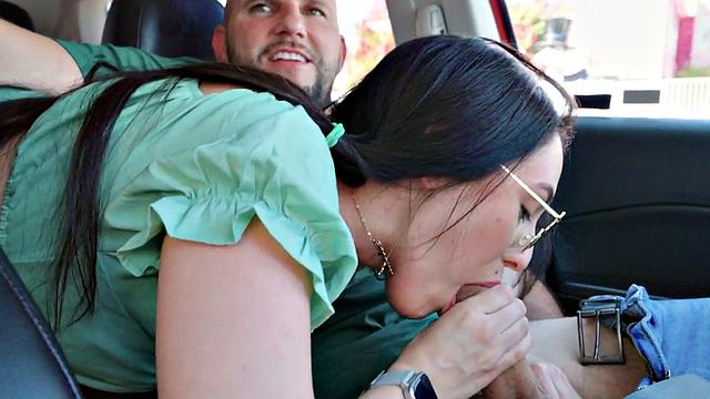 Brunette with glasses gets her wet pussy drilled by a big white dick