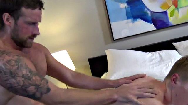 Rimmed jock with tattoos barebacks blond at home