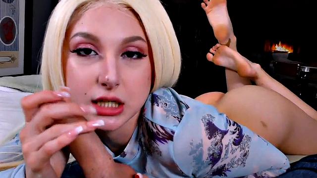 Bosomy babe with pierced nipples sucks stiff dong in POV