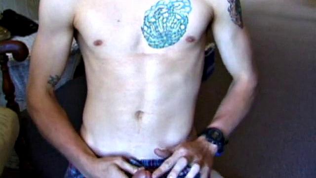 While on a break from doing yard work, Shane strips naked and starts getting stiff. He works the remote, and his cock, until finally pumping a messy cum load onto a towel.