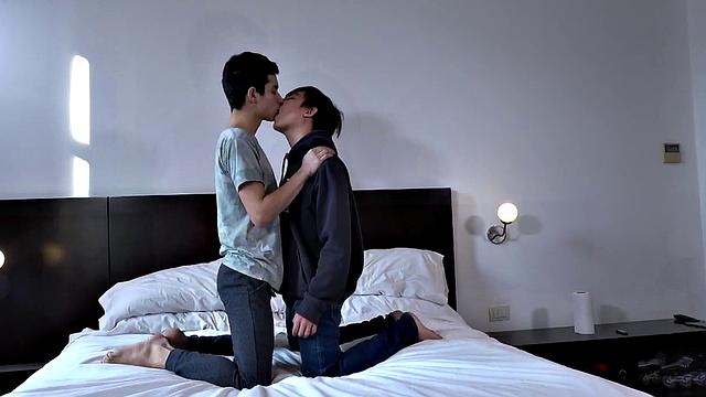 Dave and Francis hop on a bed and start stripping and kissing. By the time Dave is naked, Francis is sucking on his big cock. After a long blow job, Dave takes Francis from behind and the two end up bareback fucking all over that bed.