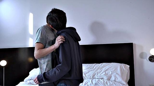 Dave and Francis hop on a bed and start stripping and kissing. By the time Dave is naked, Francis is sucking on his big cock. After a long blow job, Dave takes Francis from behind and the two end up bareback fucking all over that bed.