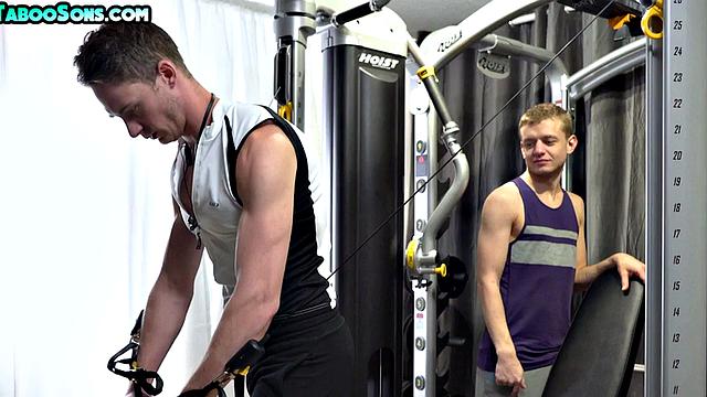 Tiny twink fucked by stepdaddy and boyfriend in gym threesome
