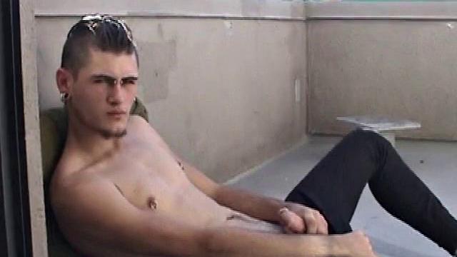 Pony rubs his pierced cock in the afternoon sun. He stands up and asks if we would like to see his dick. Of course! What follows is a jerk off session with a happy ending.