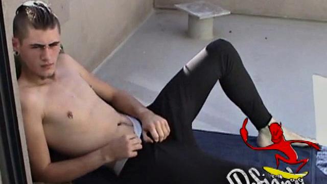 Pony rubs his pierced cock in the afternoon sun. He stands up and asks if we would like to see his dick. Of course! What follows is a jerk off session with a happy ending.