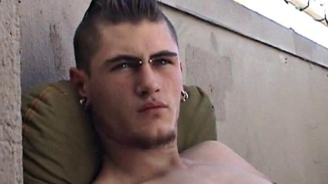 Pony rubs his pierced cock in the afternoon sun. He stands up and asks if we would like to see his dick. Of course! What follows is a jerk off session with a happy ending.