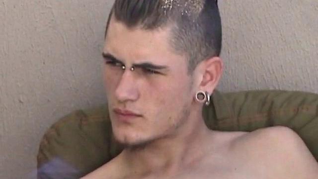 Pony rubs his pierced cock in the afternoon sun. He stands up and asks if we would like to see his dick. Of course! What follows is a jerk off session with a happy ending.