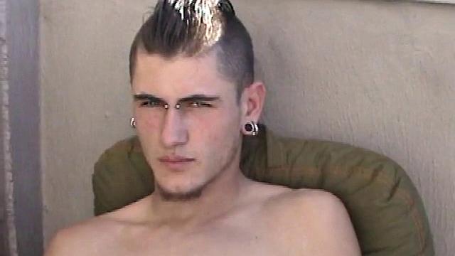 Pony rubs his pierced cock in the afternoon sun. He stands up and asks if we would like to see his dick. Of course! What follows is a jerk off session with a happy ending.