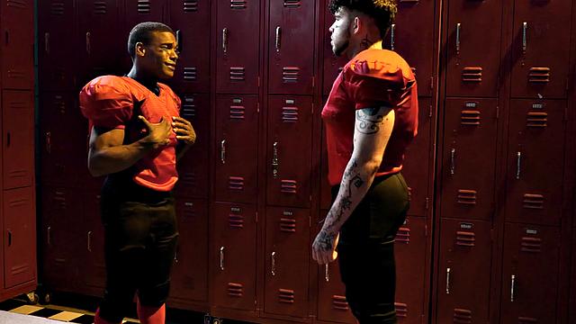 Sportive stud rimmed and barebacked in locker room