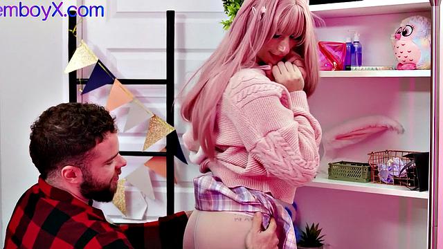Upskirt femboy spoiling bearded hunk