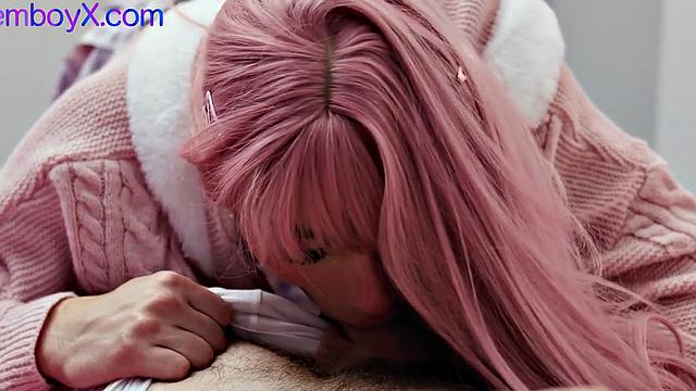 Upskirt femboy spoiling bearded hunk