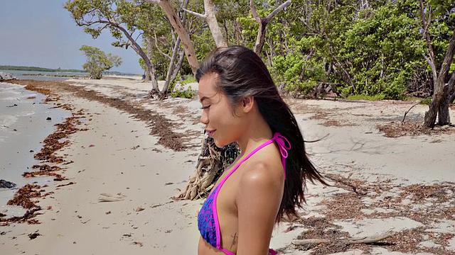 Kinky tattooed brunette gets wet and wild on the beach with a ball in her mouth and pussy