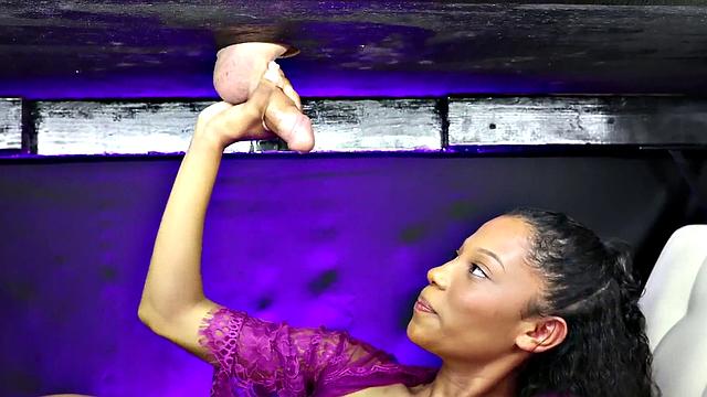 Stunning ebony gloryhole babe dirty talking while jerking