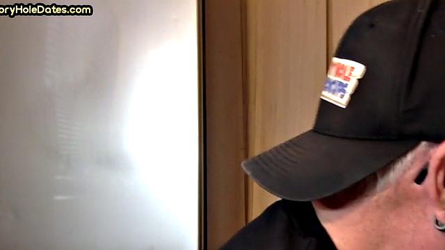 POV gloryhole DILF sucks cock in homemade closeup