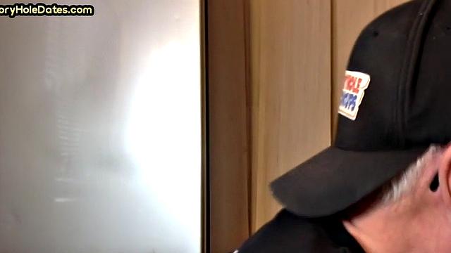 POV gloryhole DILF sucks cock in homemade closeup