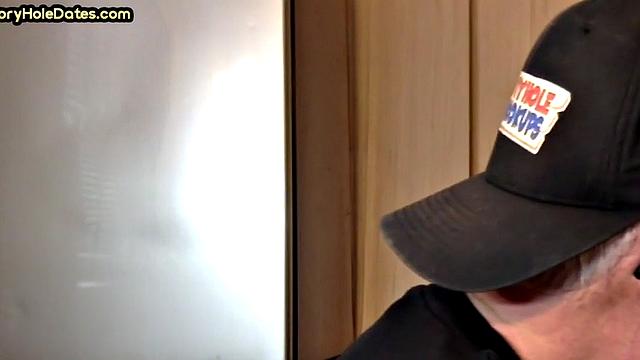 POV gloryhole DILF sucks cock in homemade closeup