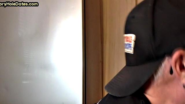 POV gloryhole DILF sucks cock in homemade closeup