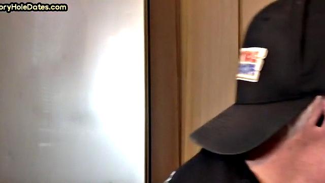 POV gloryhole DILF sucks cock in homemade closeup