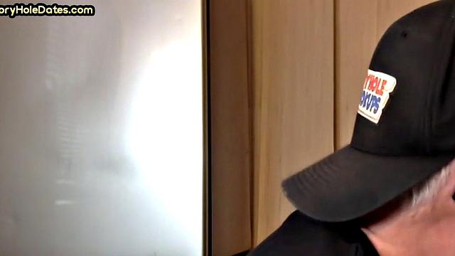 POV gloryhole DILF sucks cock in homemade closeup