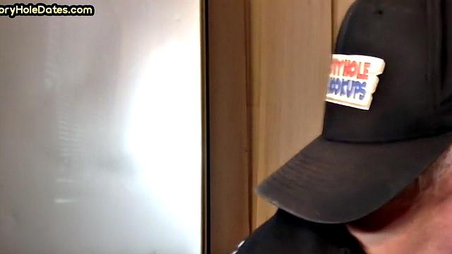 POV gloryhole DILF sucks cock in homemade closeup