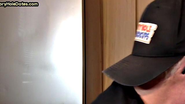 POV gloryhole DILF sucks cock in homemade closeup