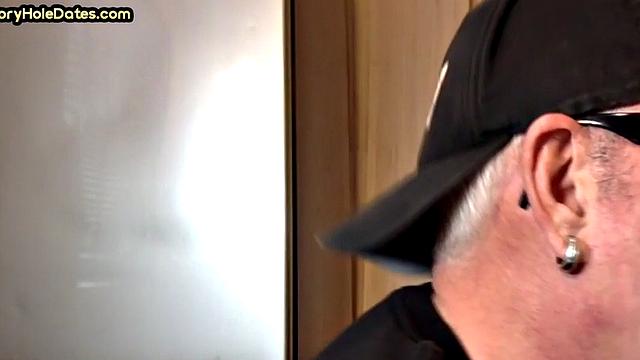 POV gloryhole DILF sucks cock in homemade closeup