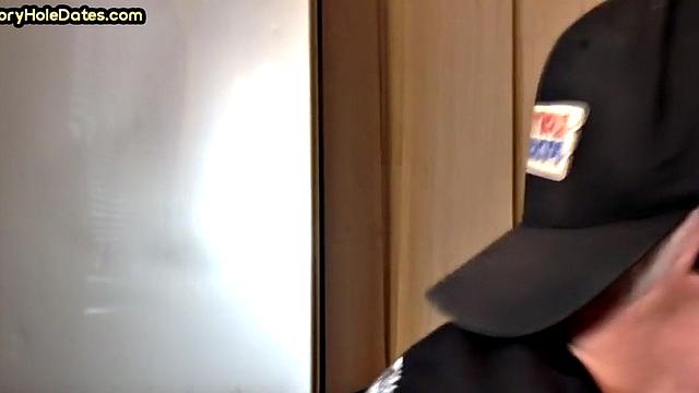 POV gloryhole DILF sucks cock in homemade closeup