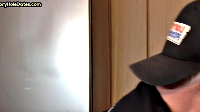 POV gloryhole DILF sucks cock in homemade closeup