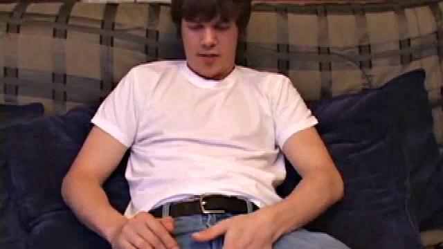 Matthew Matters wants a handjob, so he unzips his jeans and out pops that monster cock. He strokes himself awhile, before asking for some help and in no time he pumps out a messy cum load onto his belly and licks it up.
