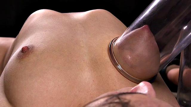 BDSM sub with vacuumed boobs suffers pussy pulling