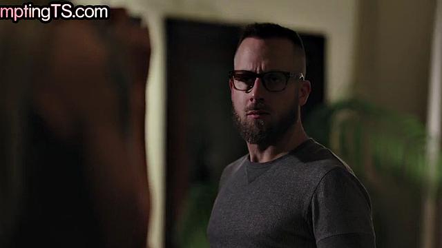 Mature busty tranny with tattoos fucks BF