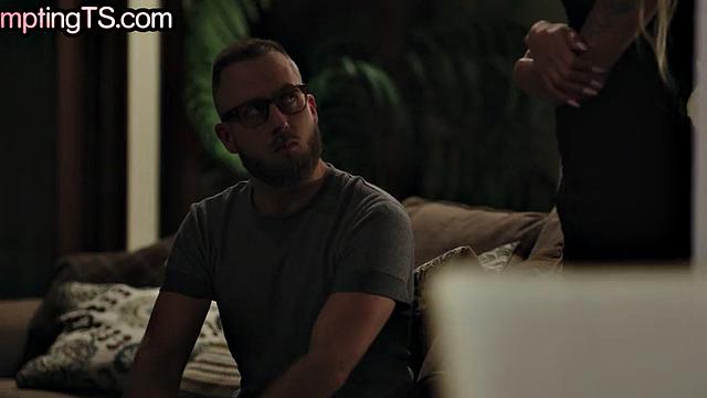 Mature busty tranny with tattoos fucks BF