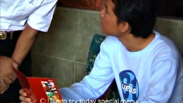 This Asian guy visits a restaurant and the waiter takes his order, fully clothed, but returns wearing an apron. The customer and waiter slip into a more private area to satisfy his hunger.