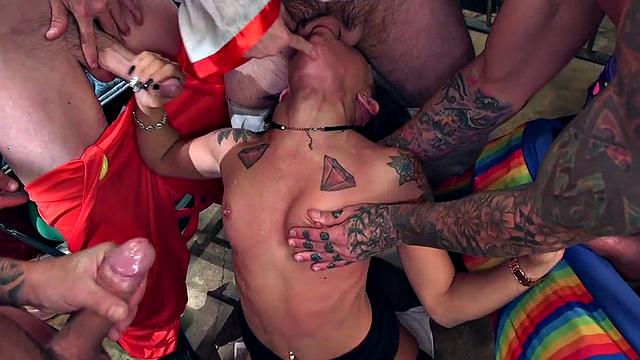 Gangbanged slut drilled by hard dick in both holes