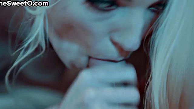 Tiny babe teases her before sucking his cock and fucking him