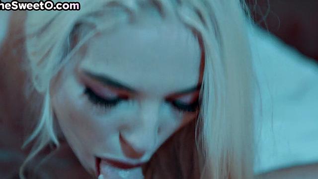 Tiny babe teases her before sucking his cock and fucking him