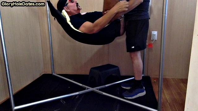 Deepthroating mature fucked in sling in homemade anal